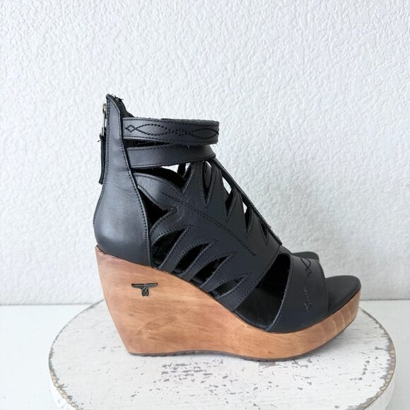 Lane Boots BECCA Womens Black Wedges 8 Western Sandals Cowgirl Wooden Heels - Picture 2 of 10